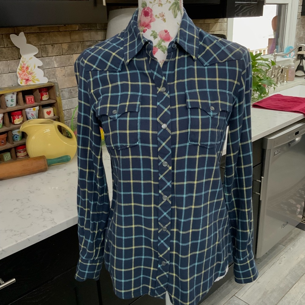 Lucky Brand Flannel Shirt Pearl Snap Plaid Long Sleeve Navy Western Women’s S
